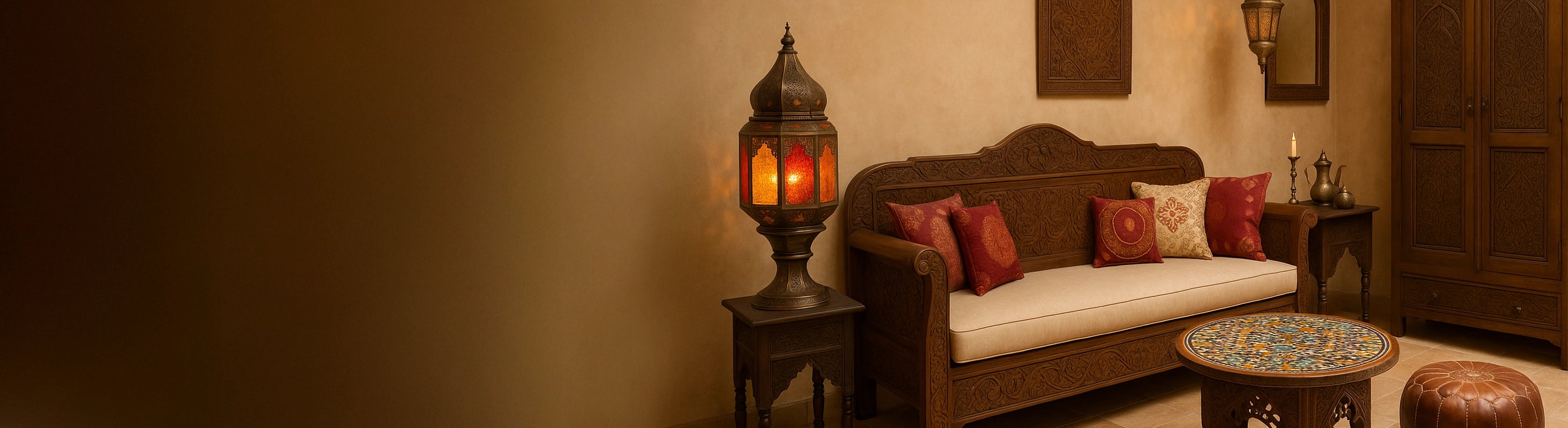 Oriental furniture – Living room with oriental furniture: hand-carved sofa, table, Moroccan lanterns and leather pouf in a warm, natural atmosphere