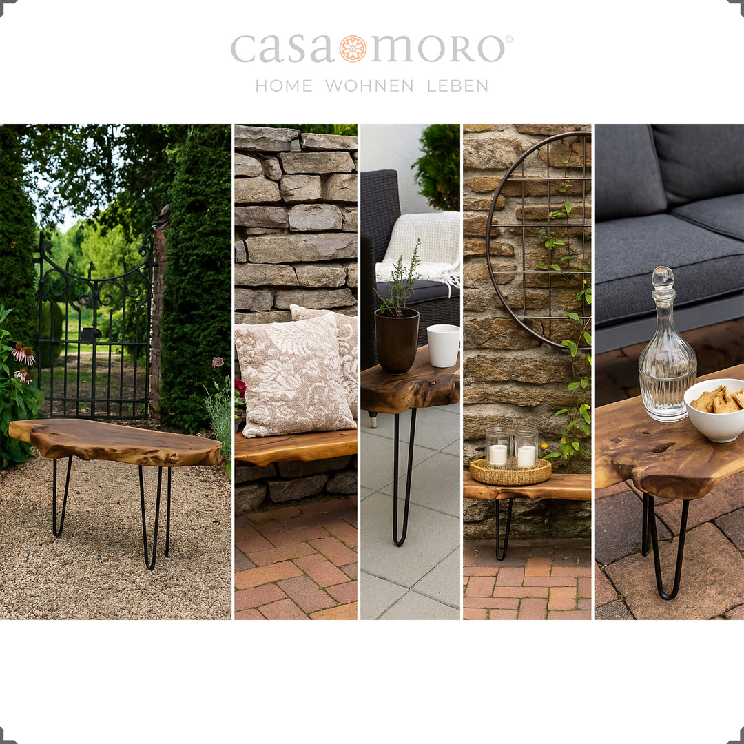 Outdoor bench made of solid teak with black metal frame in various garden scenes