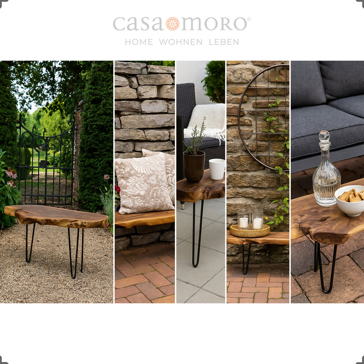 Outdoor bench made of solid teak with black metal frame in various garden scenes