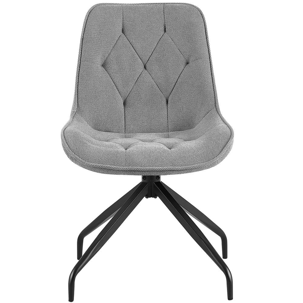 Front view of the dining room chair with 360° swivel function in gray - elegant upholstered chair with diamond quilting and sturdy black metal frame