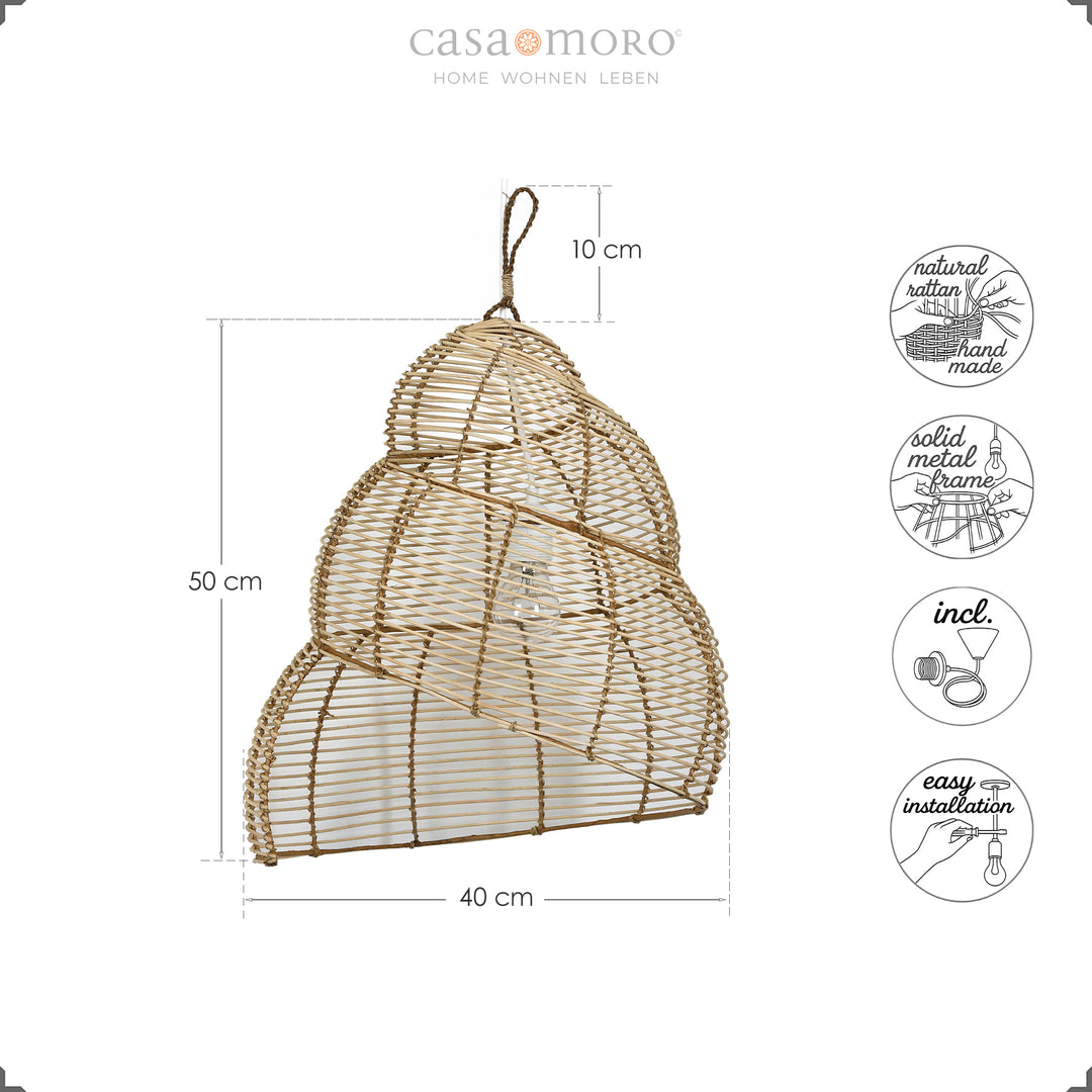 Hanging rattan lamp in a spiral shape with filigree weave, handmade from natural material