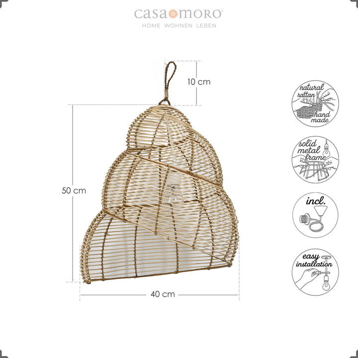 Hanging rattan lamp in a spiral shape with filigree weave, handmade from natural material