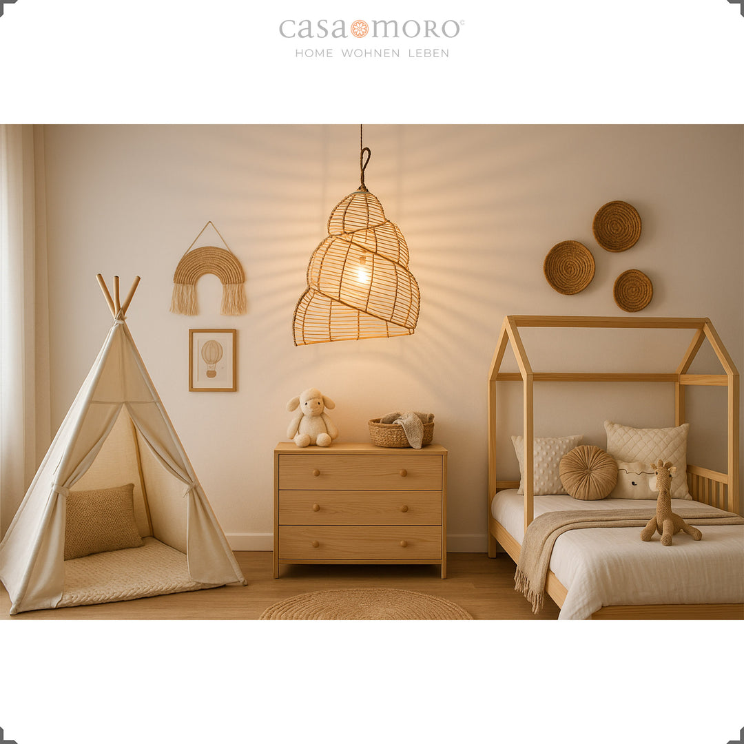 Handmade rattan lamp as a ceiling light in the children's room, provides warm light and natural security