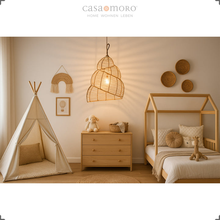 Handmade rattan lamp as a ceiling light in the children's room, provides warm light and natural security