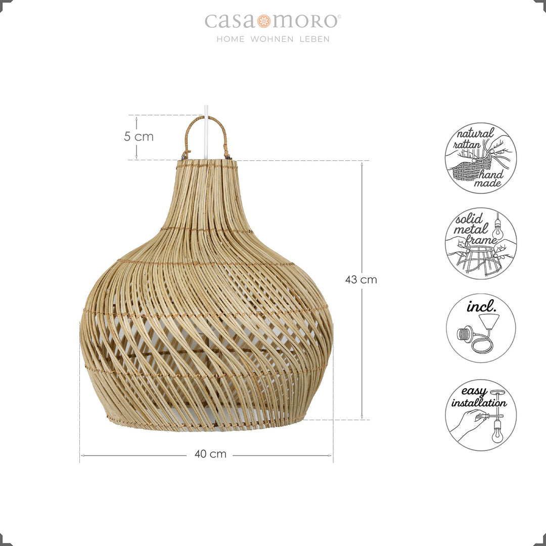 Handcrafted rattan lamp with an organic teardrop shape and fine weave, including canopy and cable