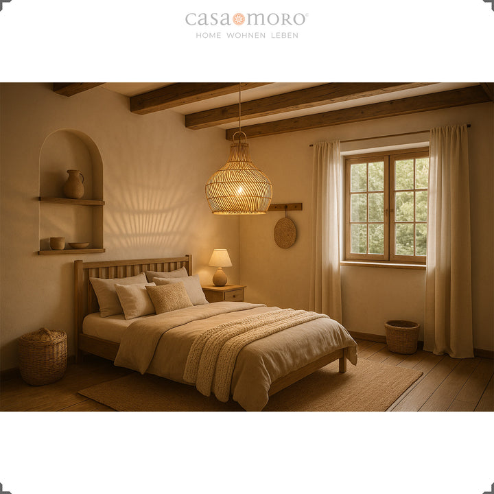 Rattan lamp as a ceiling light in the bedroom, handmade and with a warm play of light and shadow