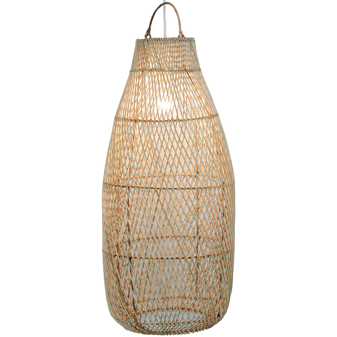 Large lampshade made of natural rattan with a delicate woven pattern and a soft glow