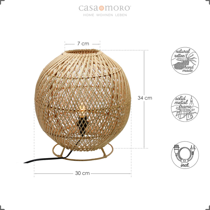 Dimensional drawing of the round rattan table lamp with handmade weave and metal frame