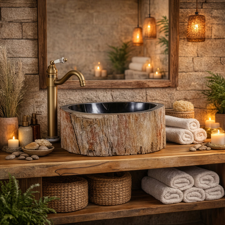 Countertop fossil wood sink with dark interior, round stone sink on wooden console in rustic spa bathroom with candles.