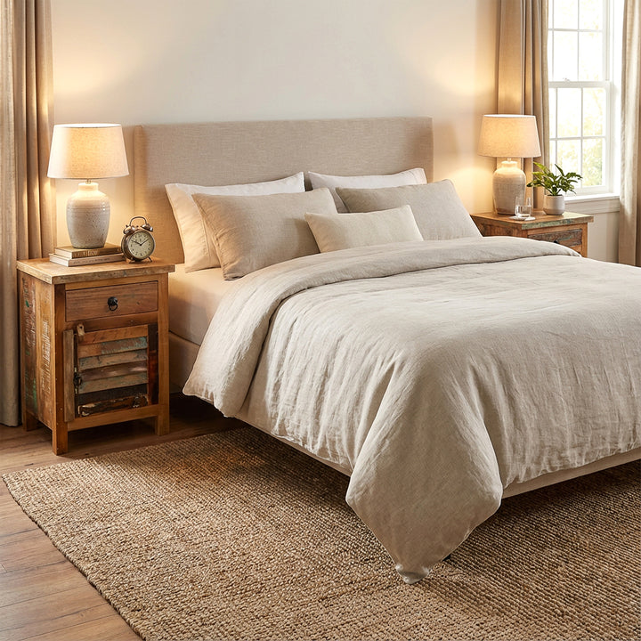 Solid wood chests of drawers as bedside tables in the bedroom, light textiles, warm light