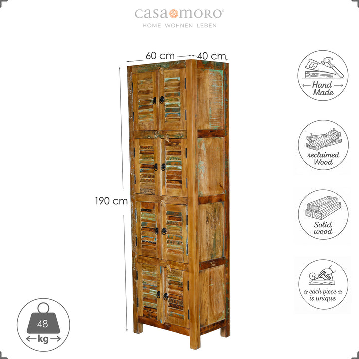 Narrow cabinet made of solid wood and reclaimed wood in vintage style, 190 cm high, 60 cm wide