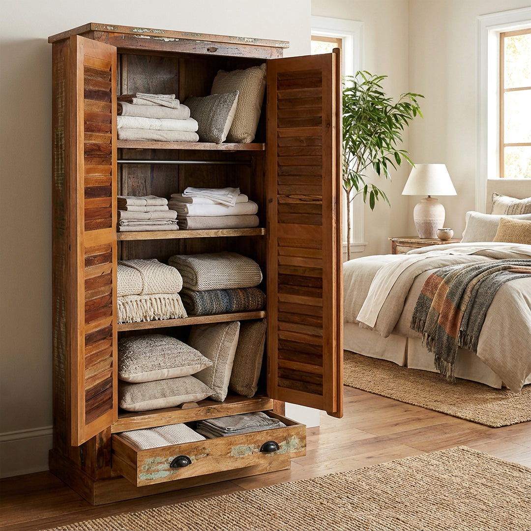 Cabinet made of solid wood and reclaimed wood in a country house style, placed openly in the bedroom