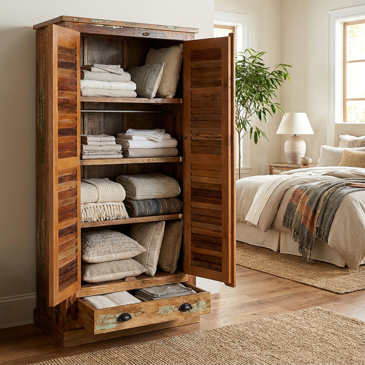 Cabinet made of solid wood and reclaimed wood in a country house style, placed openly in the bedroom