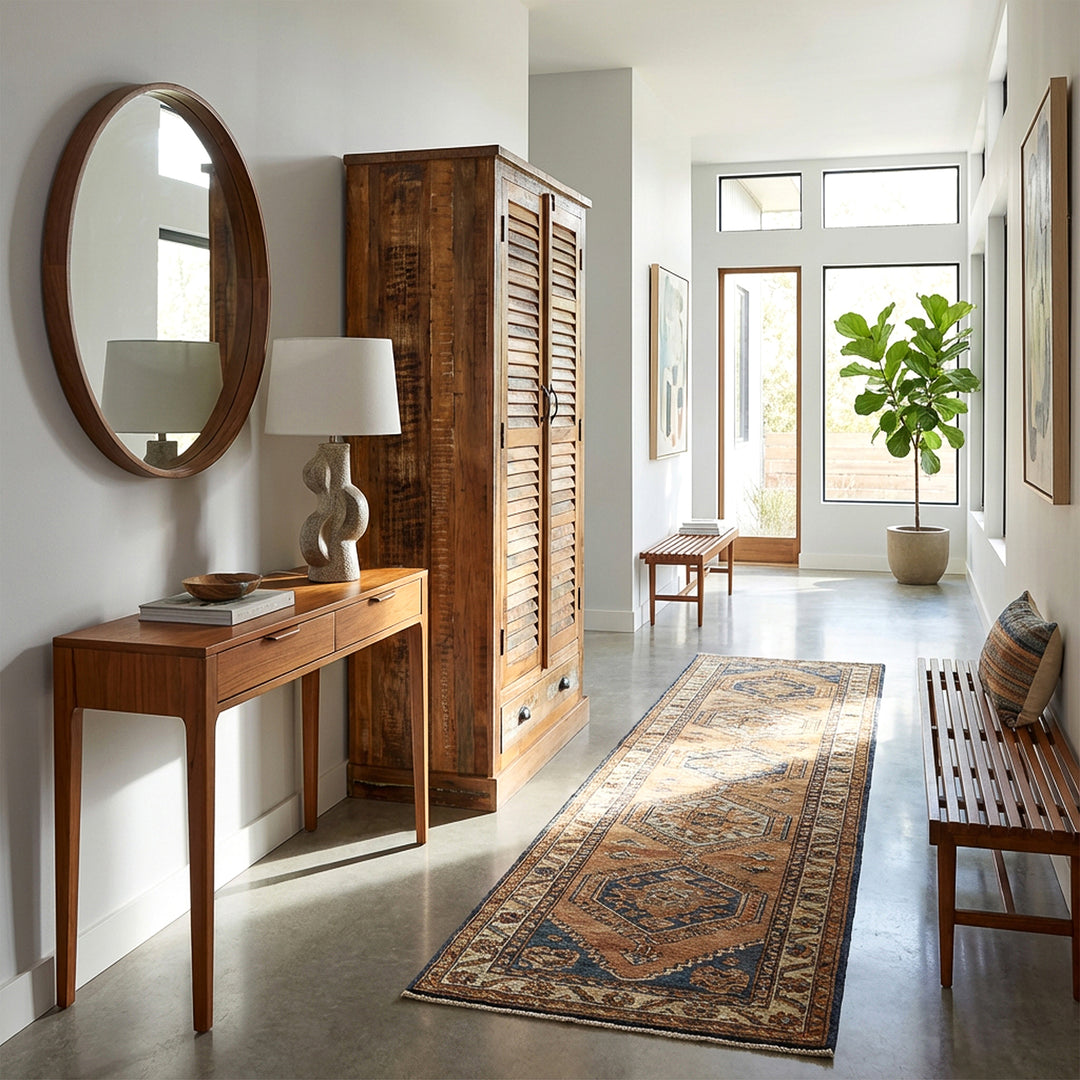 Cabinet made of solid wood in a vintage look, stylishly placed in the modern hallway