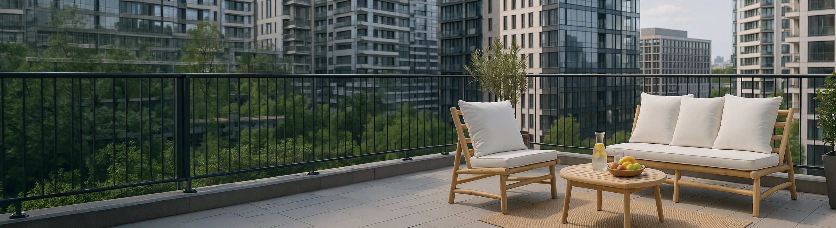 Armchairs & Sofas – Teak armchair and sofa with upholstery on modern balcony with city view - comfortable lounge furniture for outdoor use
