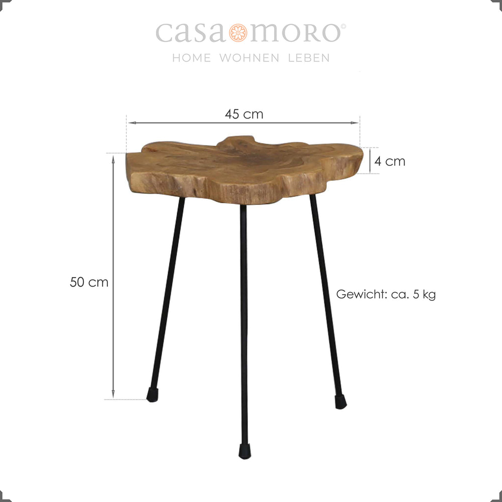 Wooden sofa table with a round format and a sturdy iron frame