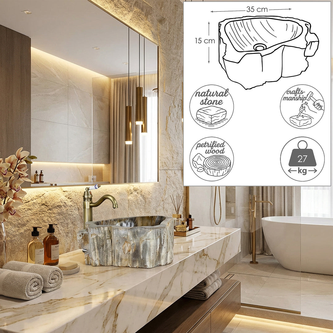 Washbasin Made of natural stone in an elegant bathroom, top solution with dimensional graphics, weight information and craftsmanship details.