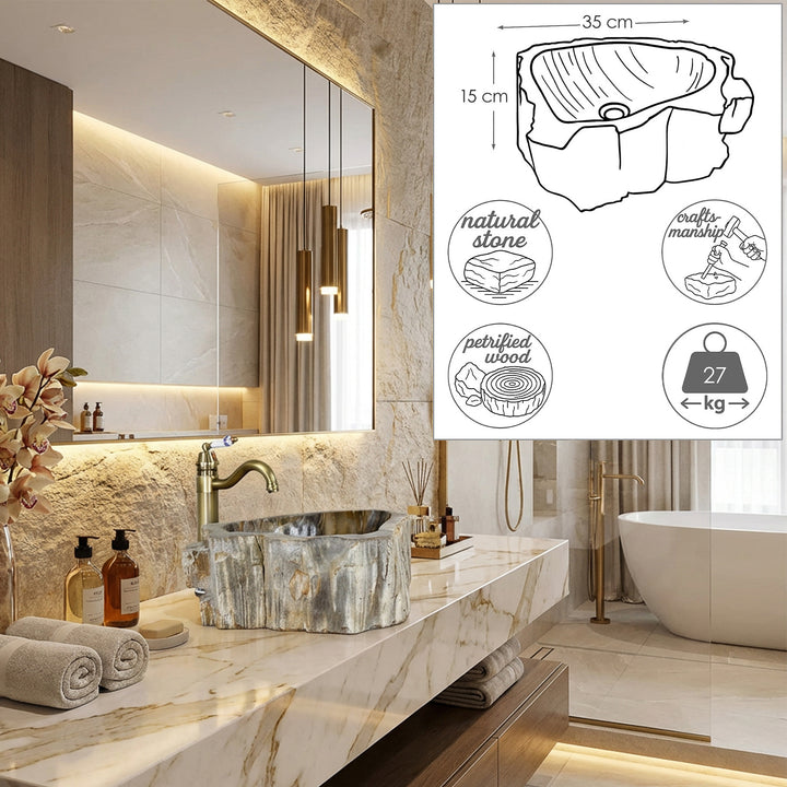 Washbasin Made of natural stone in an elegant bathroom, top solution with dimensional graphics, weight information and craftsmanship details.