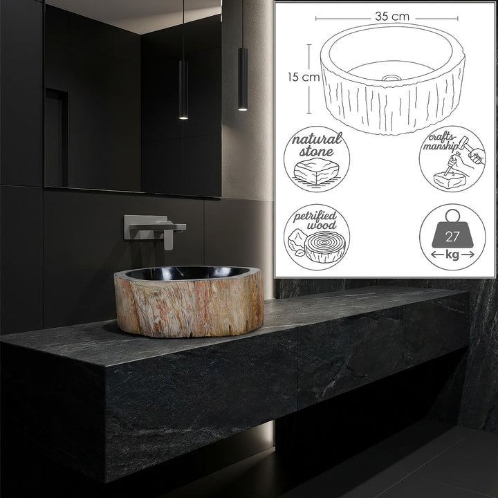 Stone washbasin made of petrified wood as a round countertop washbasin, modernly staged with dimensional graphics in a dark designer bathroom.