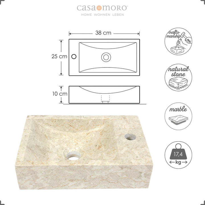 Square stone washbasin made of light natural stone with tap hole, supplemented by dimensional graphics with width, depth, height and weight