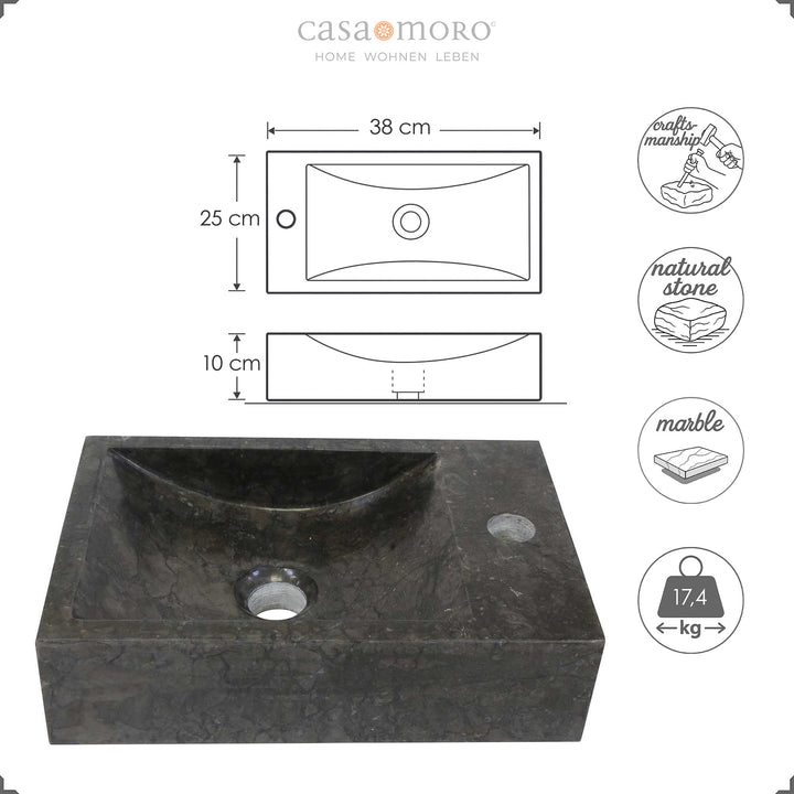 Square countertop washbasin made of marble with dark grain, shown with dimensions for width, depth and height as well as symbols for handcraft, natural stone, marble and weight