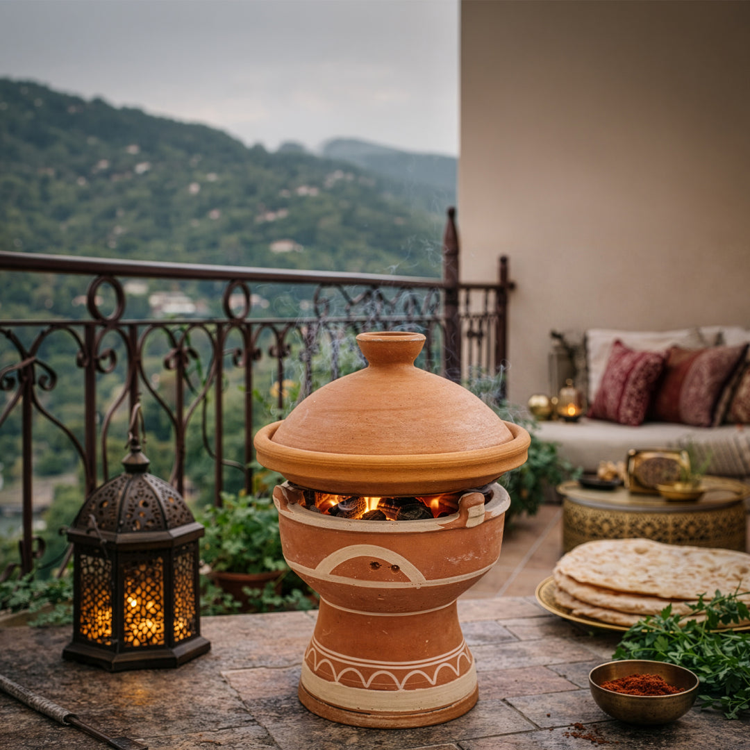 Mejmar clay warmer for charcoal, Moroccan table grill for Tajine on terrace in Morocco style