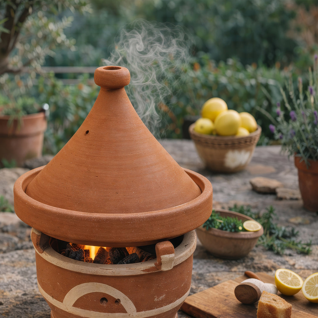 Mejmar clay warmer for charcoal, Moroccan Tajine Table grill with open embers in the outdoor area