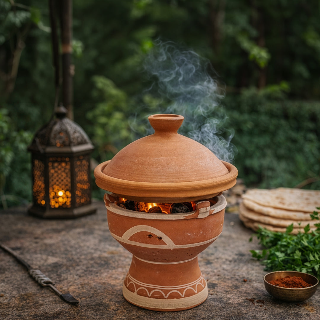 Mejmar clay warmer for charcoal, Moroccan Tajine Table grill with open embers in the garden