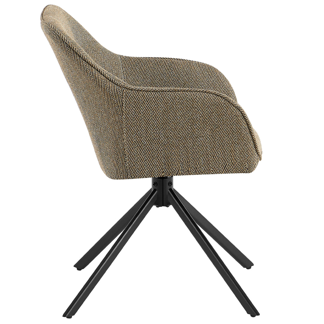 Side view of a 360° rotating upholstered chair with armrests in brown, upholstered structural fabric in a herringbone pattern and a black metal frame