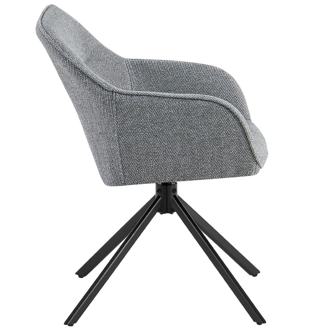 Side view of a 360° rotating upholstered chair with armrests in gray, upholstered structural fabric in a herringbone pattern and black metal frame