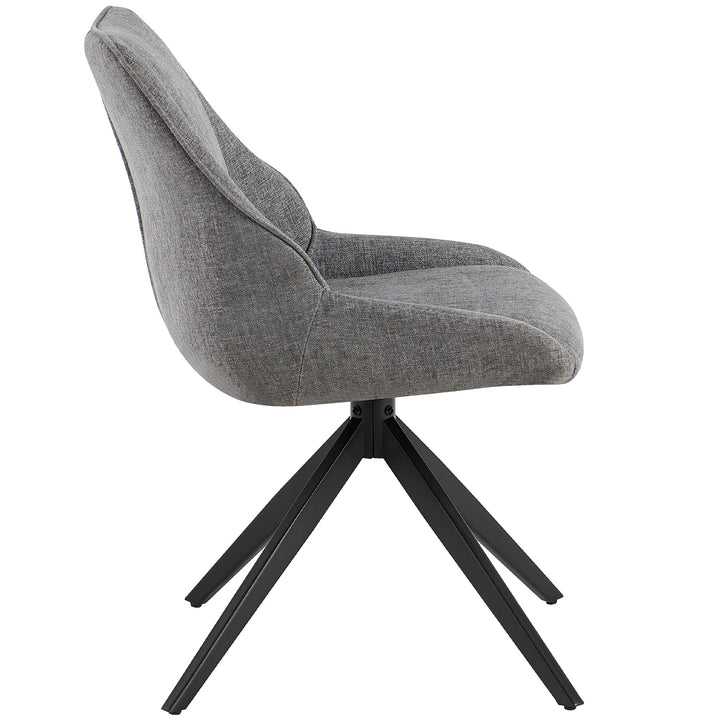 Side view of a 360° rotating dining room chair in gray with an upholstered seat and backrest on a black metal frame in the form of a tripod