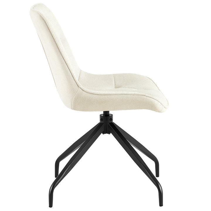Side view of the upholstered chair that can be rotated 360° in beige with a black metal frame - ergonomic shape with soft padding and elegant lines