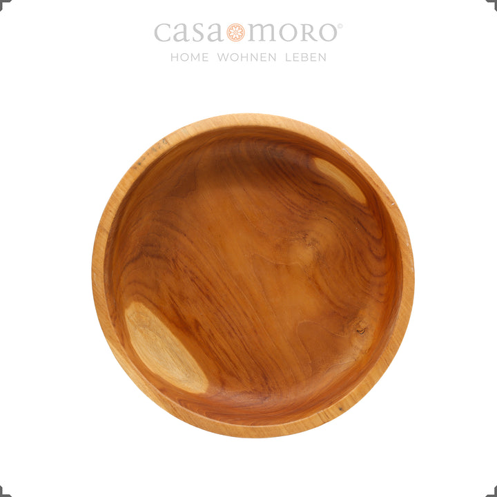 Flat teak bowl with precise dimensions for decorative use on the table