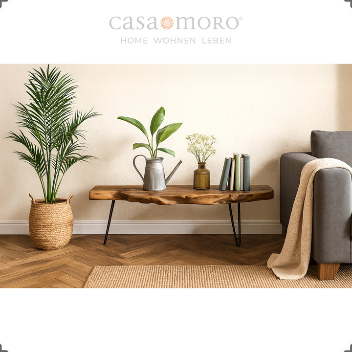 Wooden teak table in the living room ambience with plant decorations, carpet and sofa