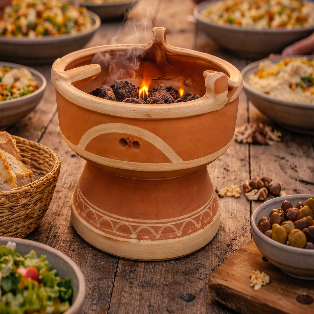 Mejmar clay warmer for charcoal, Moroccan table grill with open embers without Tajine