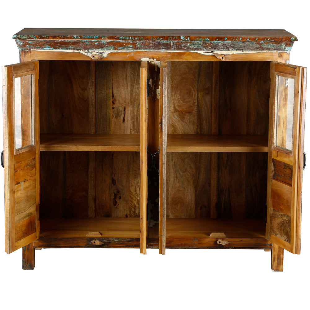 Sideboard made of solid wood with open glass doors, visible interior, isolated