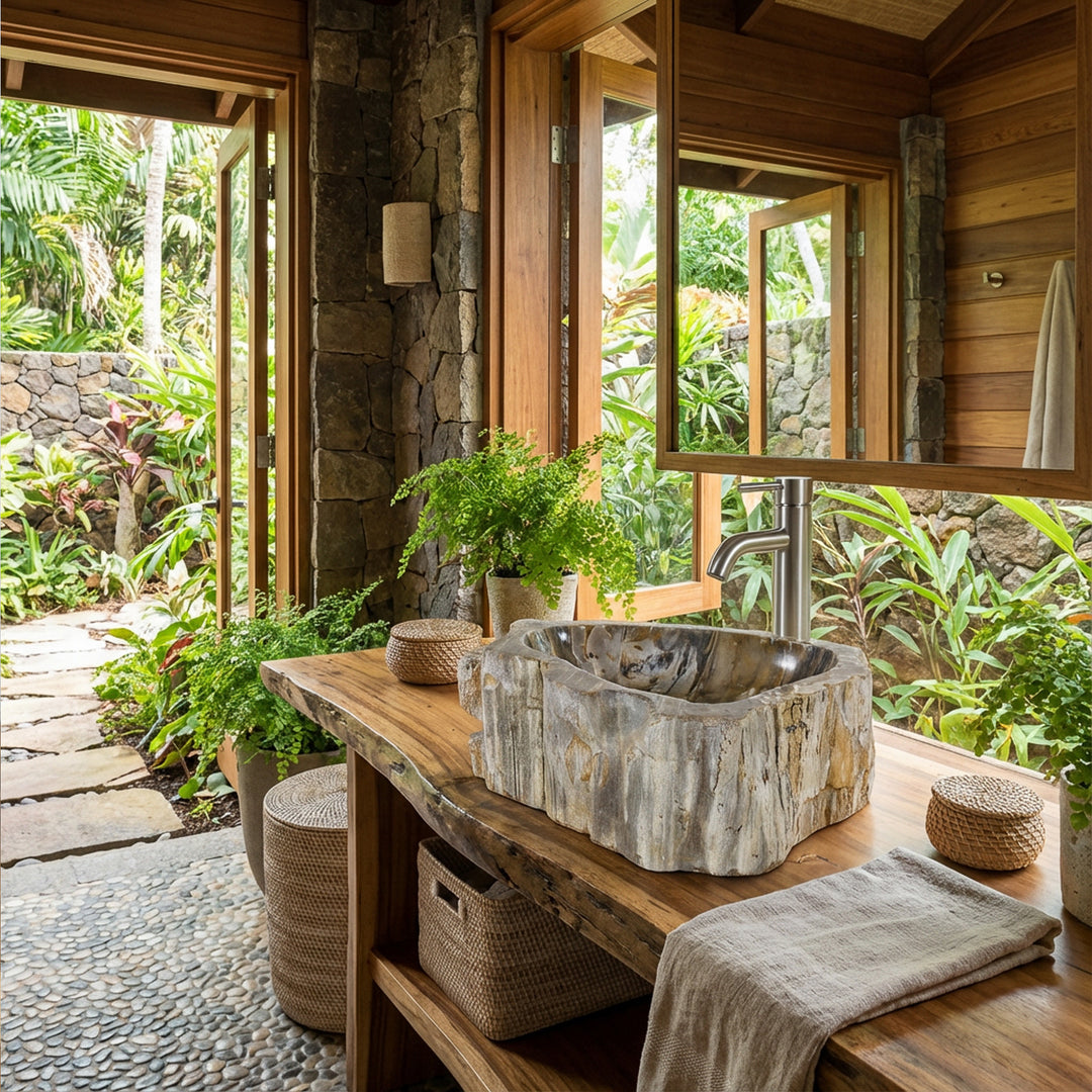 Stone countertop basin made of fossil wood on a solid wooden console, open bathroom with garden view and natural lighting.