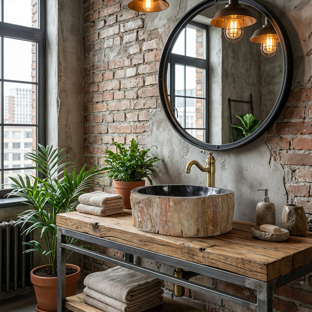 Stone sink made of petrified wood as a countertop sink, round natural stone sink on a wood-metal console in an industrial bathroom with a brick wall.