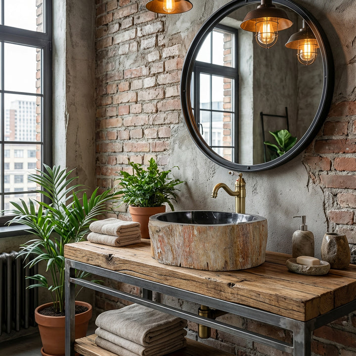 Stone sink made of petrified wood as a countertop sink, round natural stone sink on a wood-metal console in an industrial bathroom with a brick wall.
