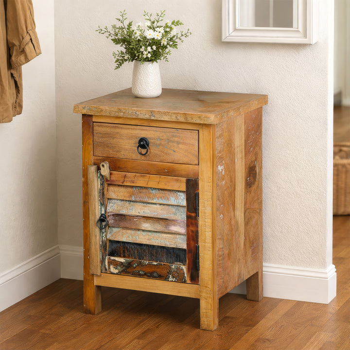 Solid wood chest of drawers in hallway with vase, natural wood texture, bright living scene
