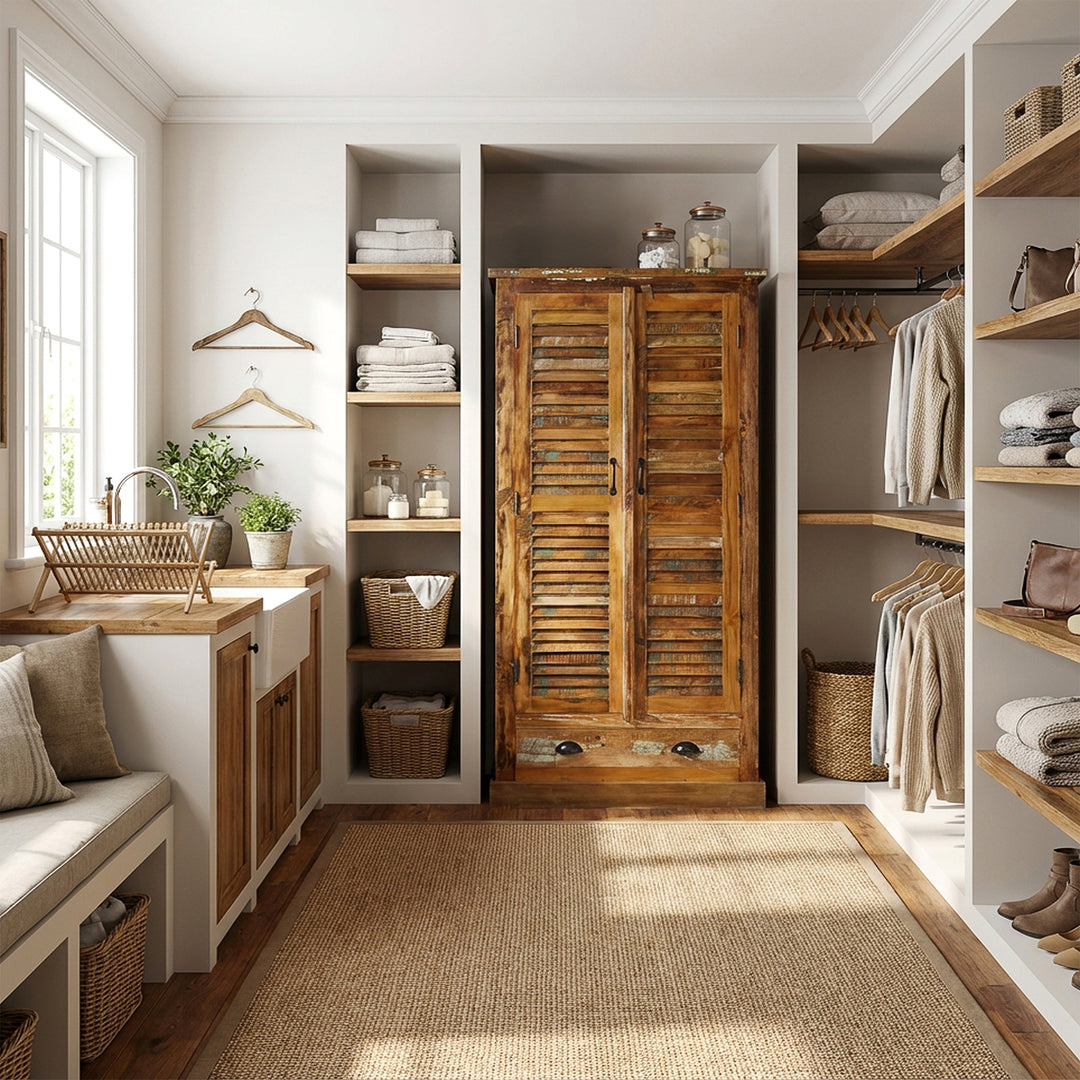 Cabinet made of solid wood and reclaimed wood in vintage style, placed in the bedroom