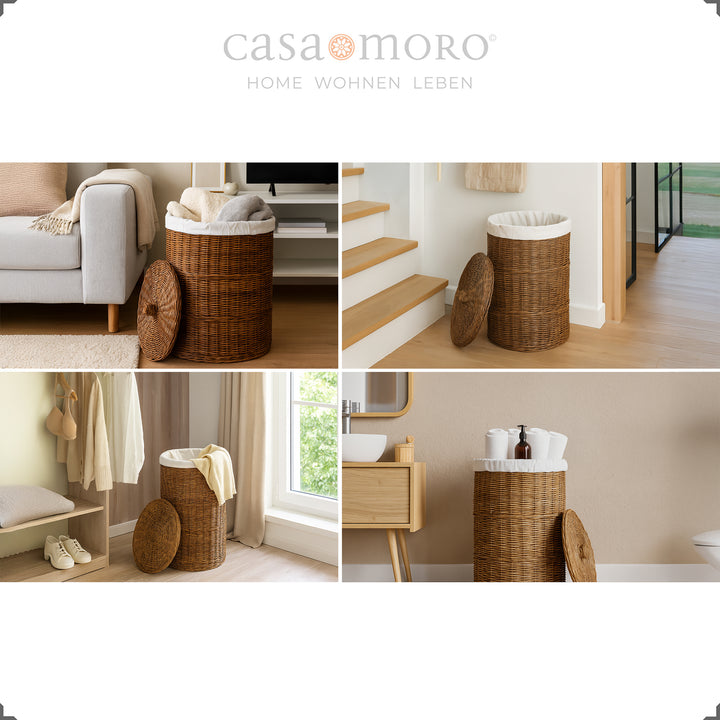 Brown, woven laundry basket made of rattan can be used in five living situations - from the living room to the bathroom