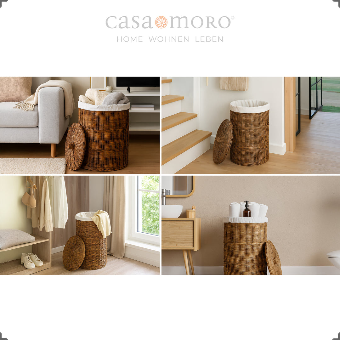 Dark brown, hand-woven laundry basket in various living situations - can be placed anywhere in the home