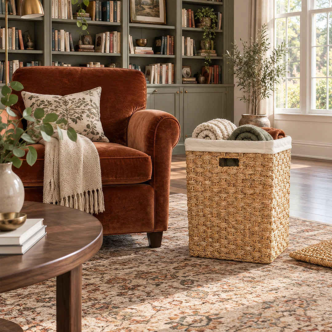 Eckiger Seegraskorb, ca. 85 Liter, mit gerollten Decken und abgelegtem Deckel neben einem Sessel in der Leseecke.