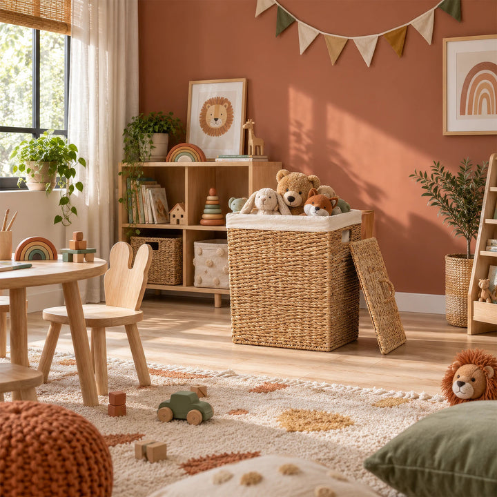 A seagrass laundry basket with a 90-liter capacity and a hinged lid, filled with stuffed animals in the children's room.