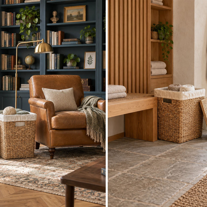 Collage: Seagrass laundry basket with a capacity of 50 liters; on the left, filled with wool next to a reading chair; on the right, filled with towels.