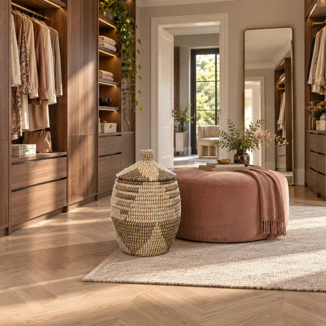 Seagrass laundry basket in natural/brown/black/white with a lid and a capacity of about 30 liters in the dressing room.