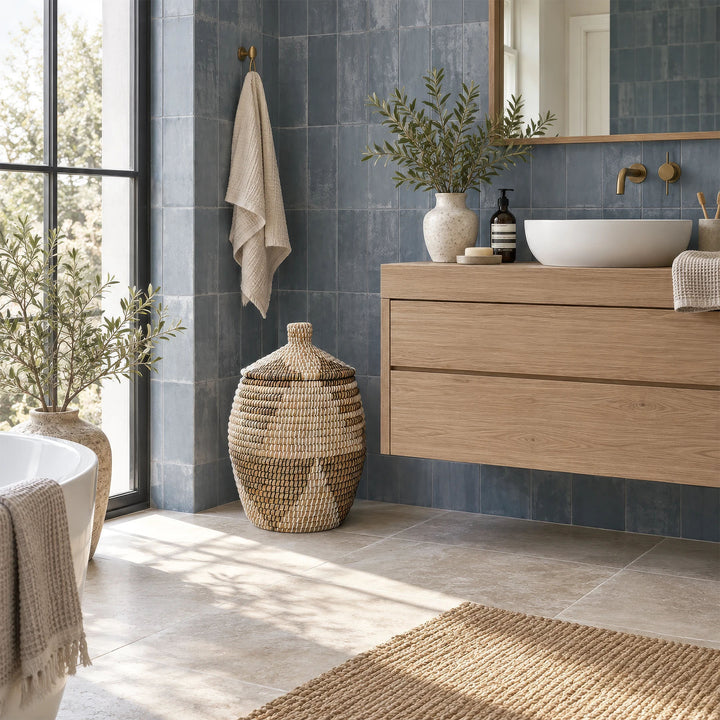 A seagrass laundry basket in natural/brown/black/white with a lid and a capacity of approximately 30 liters in the bathroom.