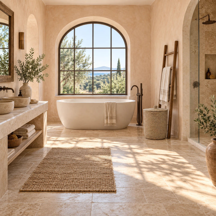 A seagrass laundry basket with a lid and a capacity of about 65 liters next to a towel rack in a Mediterranean-style bathroom.