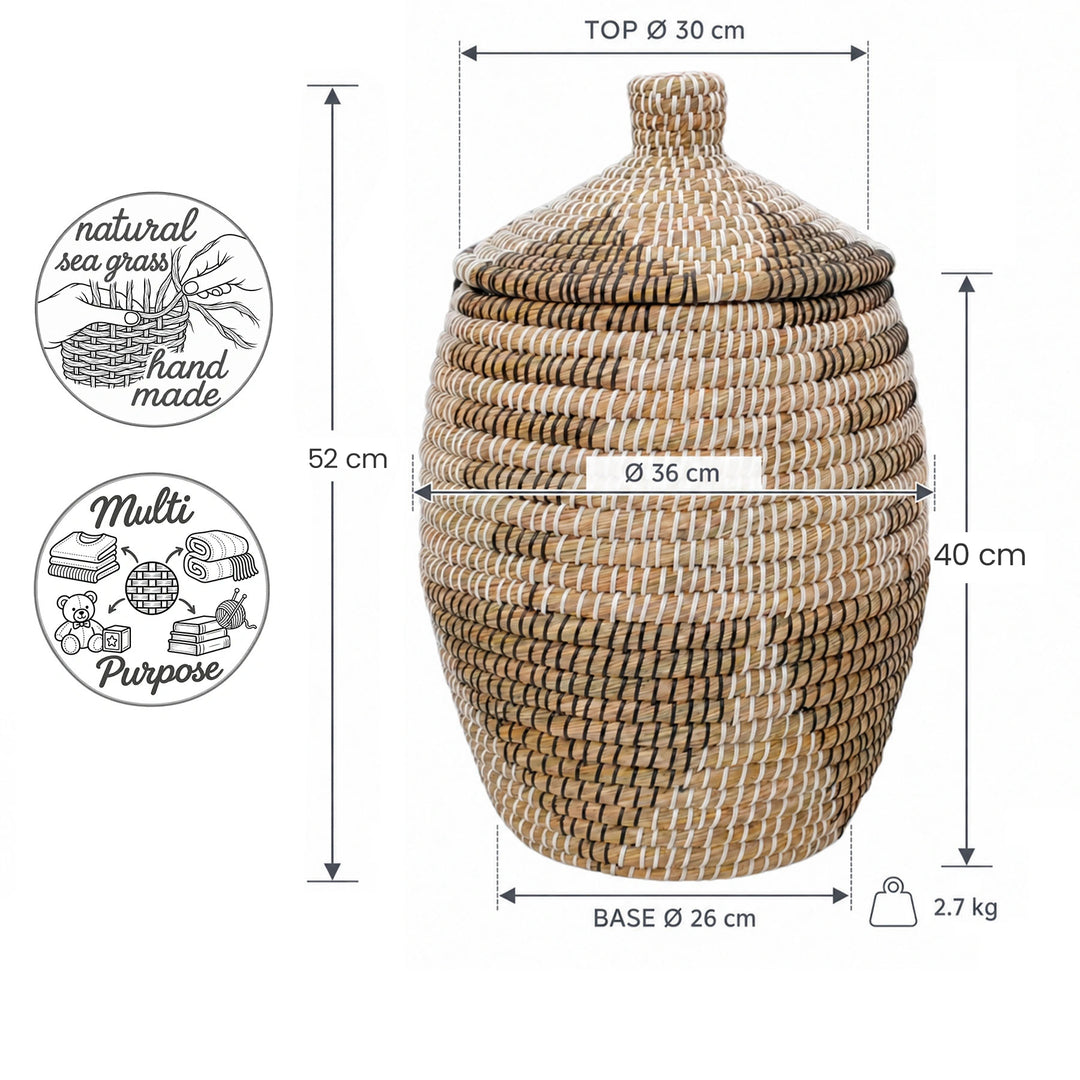 Dimensions: Seagrass basket in natural/brown/black/white, approx. 30 liters, maximum diameter 36 cm and 52 cm in height with lid.